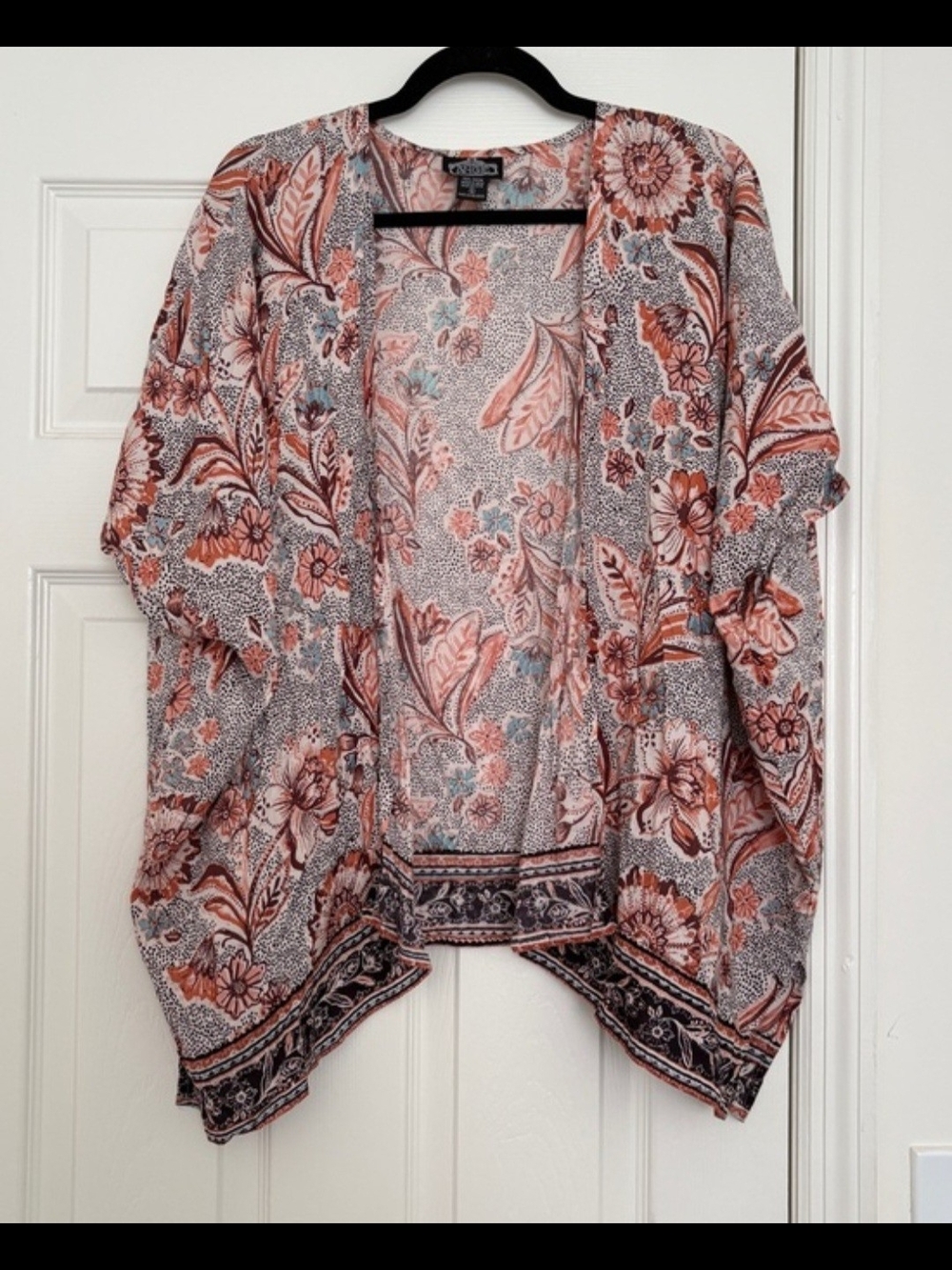 Angie Coral, Teal & Black Floral Open-Front Kimono